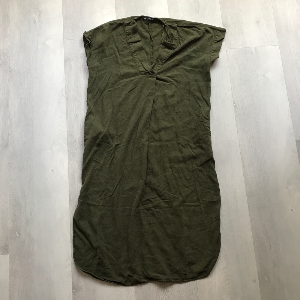 ZARA LINEN GREEN SHIFT MIDI V NECK ONE PLEATE DRESS WOMENS XS